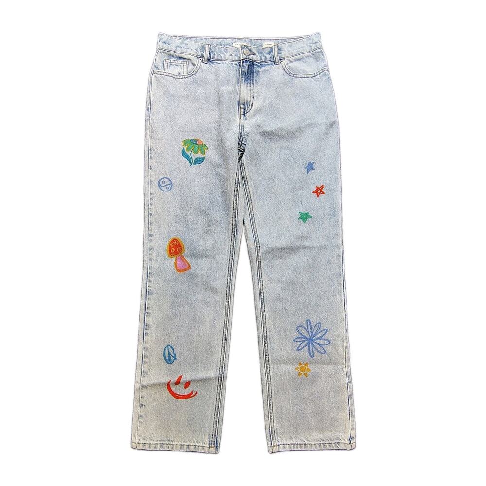 Pacsun Girls Size 16 Jeans Baggy Graphic Blue Denim High Rise Medium Wash Hippie